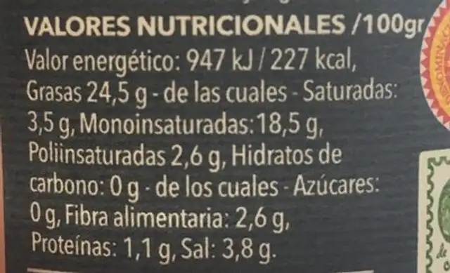 Oliva de Mallorca nutrition facts table