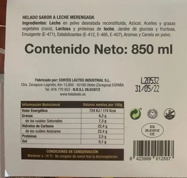 Helado sabor a leche merngada nutrition facts table