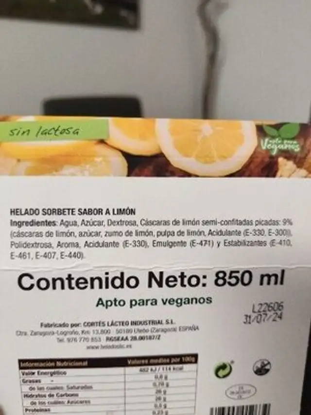 Heladosorbete de limon ingredients label