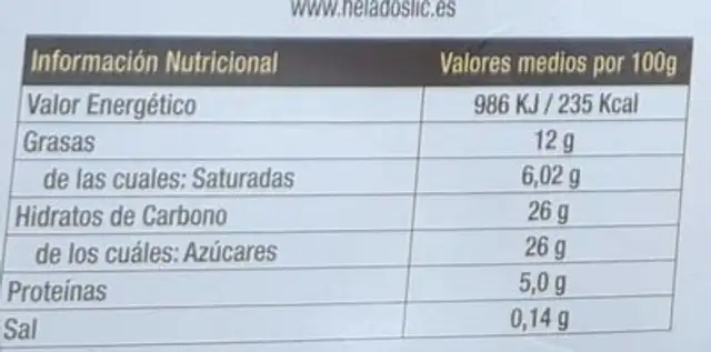 Lic helados nutrition facts table