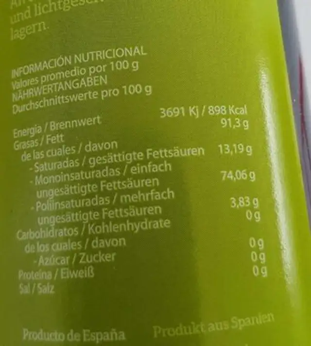 Aceite de oliva virgen extra ecológico nutrition facts table