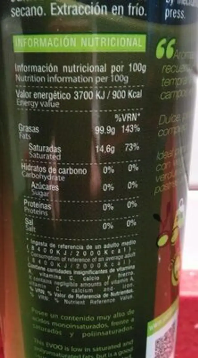 Aceite de Oliva - Manzanilla Cacereña Verde nutrition facts table