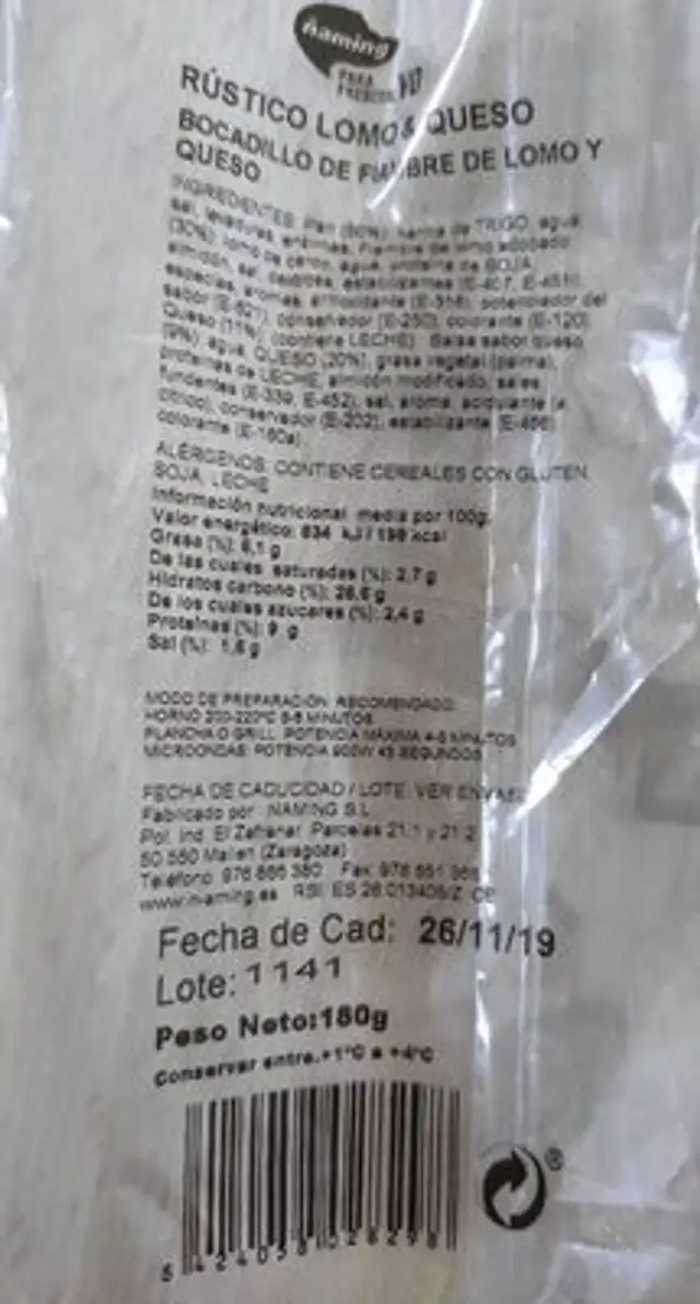 Rústico lomo y queso nutrition facts table