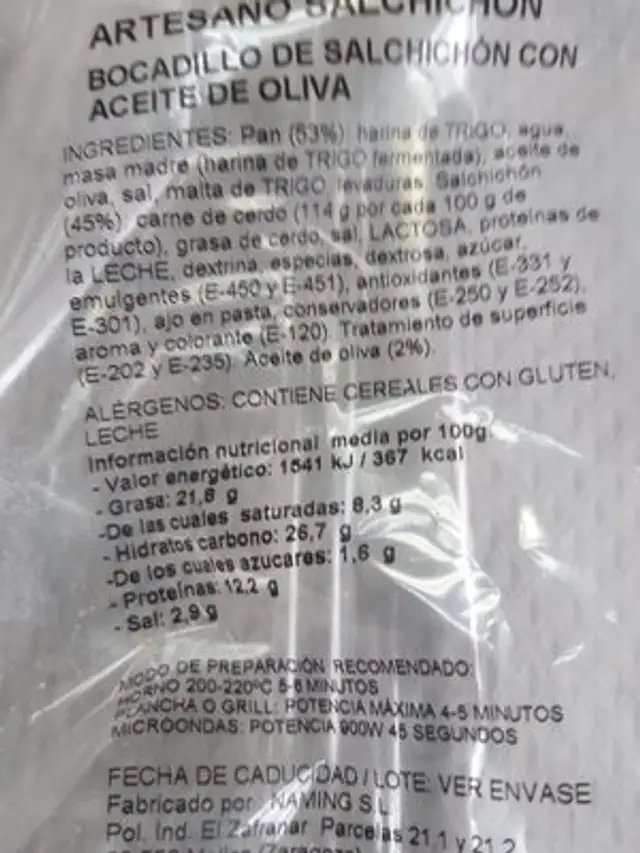 Bocata salchichón artesano nutrition facts table