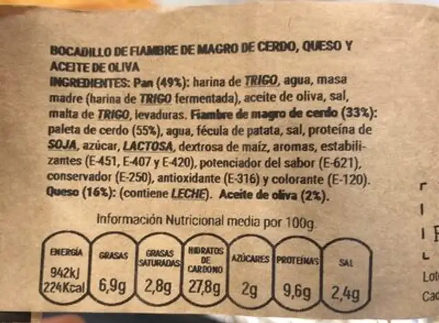 Artesano's nutrition facts table