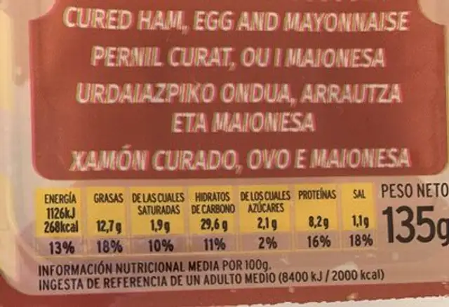 Go! Sandwich nutrition facts table