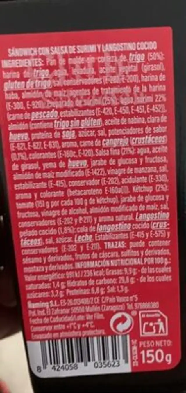 Club selección. Cangrejo ingredients label