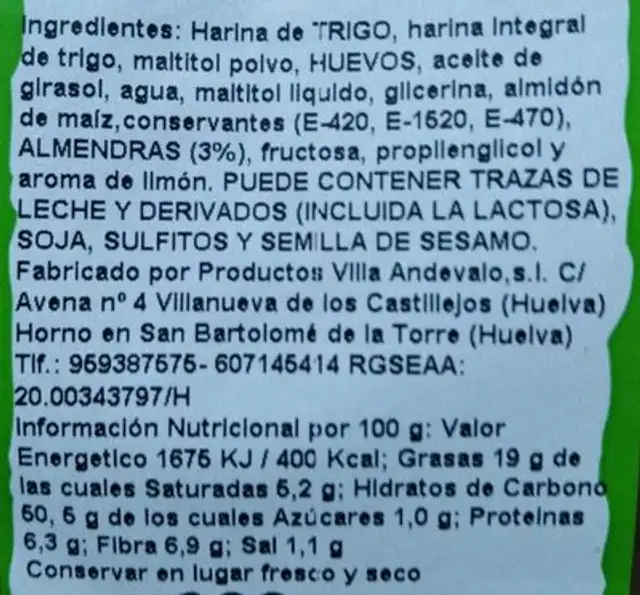 Bizcocho de almendras nutrition facts table