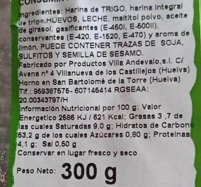 Rosquillas nutrition facts table