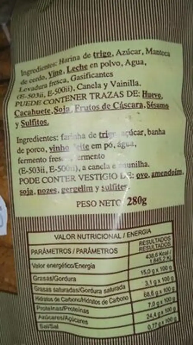 Bolachas nutrition facts table