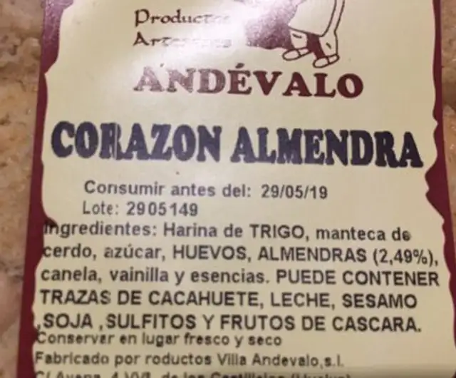 Corazon almendra ingredients label