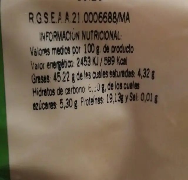 Almendras nutrition facts table