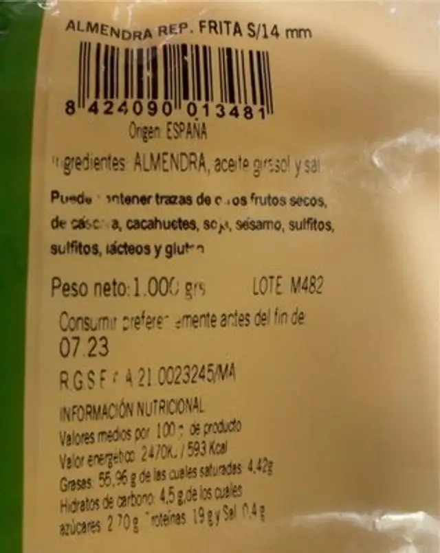 Frutos secos nutrition facts table