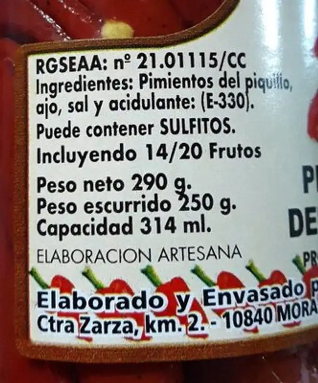 Pimientos del piquillo nutrition facts table