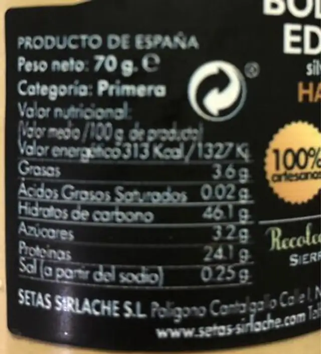 Harina de boletus nutrition facts table