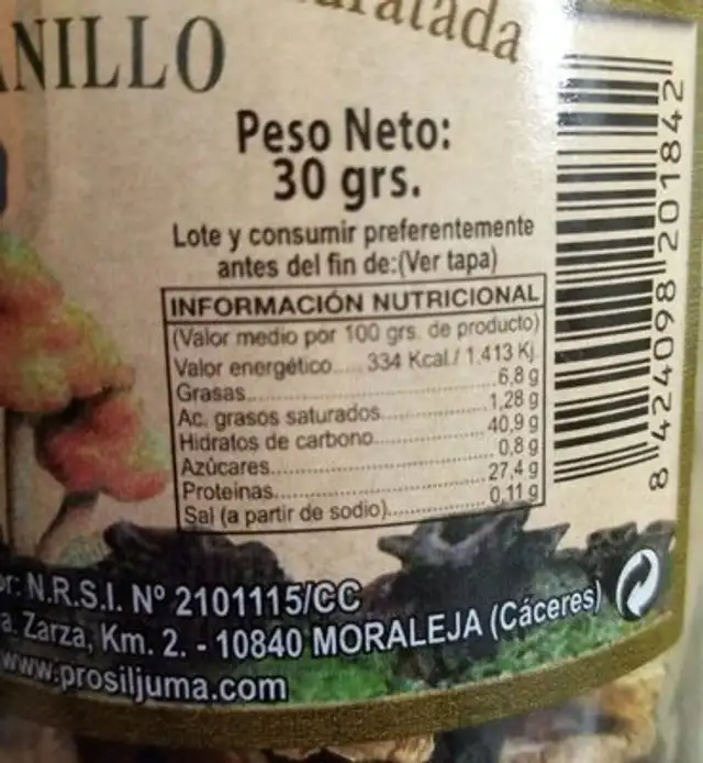 Setas silvestres deshidratadas nutrition facts table