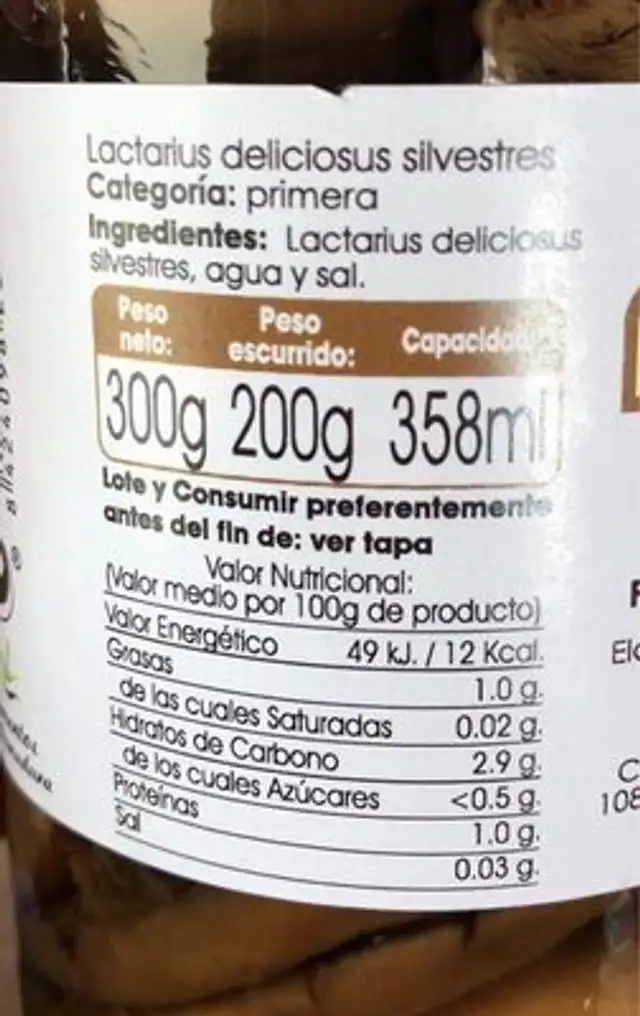 Rovellón Fino Medallón silvestre nutrition facts table