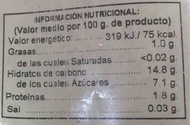El Campanillo nutrition facts table