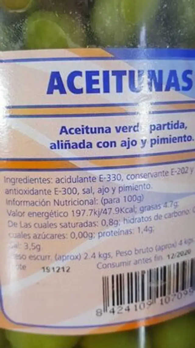 Aceitunas nutrition facts table