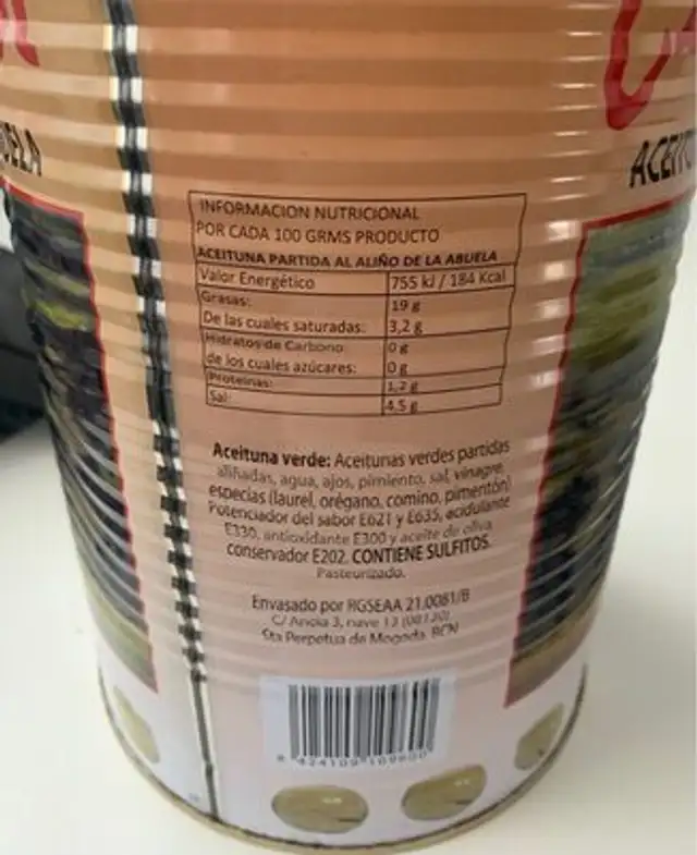 Aceituna partida al aliño nutrition facts table