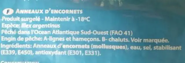 Anneaux d'encornets ingredients label