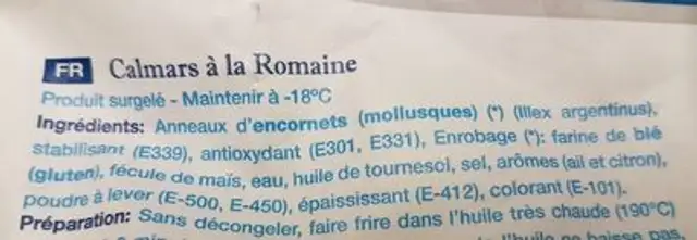 Calamar à la romaine ingredients label