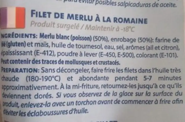 Filets de merlu à la Romaine ingredients label