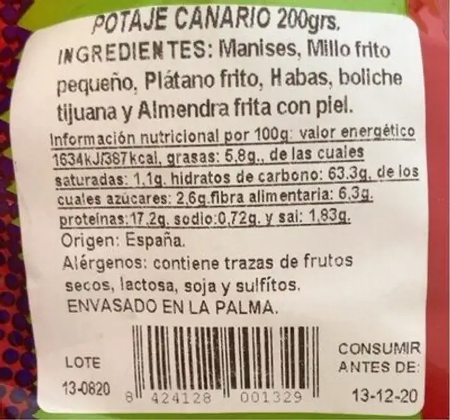 Potaje canario nutrition facts table