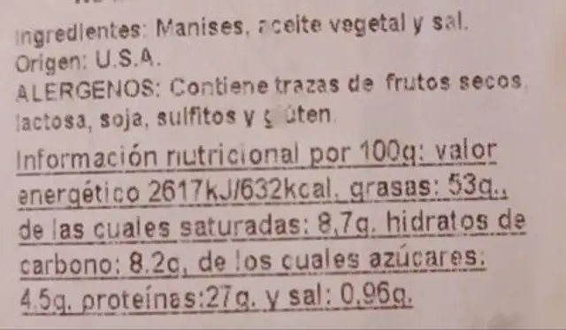 Manises salados nutrition facts table