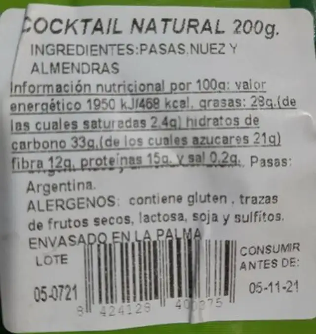 El aperitivo de la Isla Bonita nutrition facts table