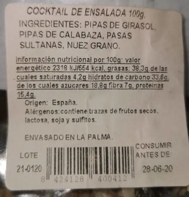 Frutos secos de La Palma nutrition facts table