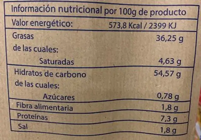 Patatas Rascafria nutrition facts table