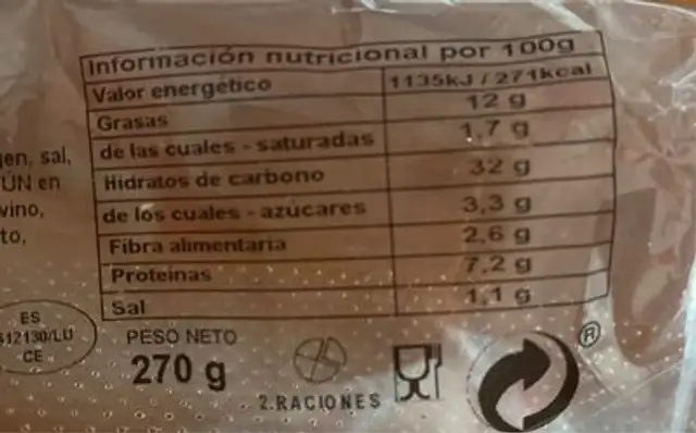 Empanadilla de atún nutrition facts table