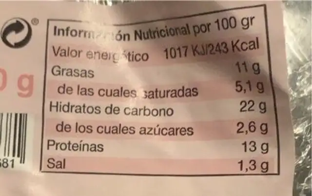 Pizza fina jamon nutrition facts table