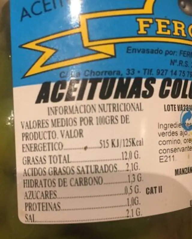 Aceitunas nutrition facts table