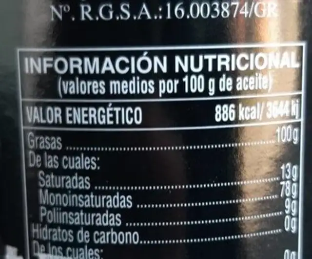 Aceite de oliva Virgen extra nutrition facts table