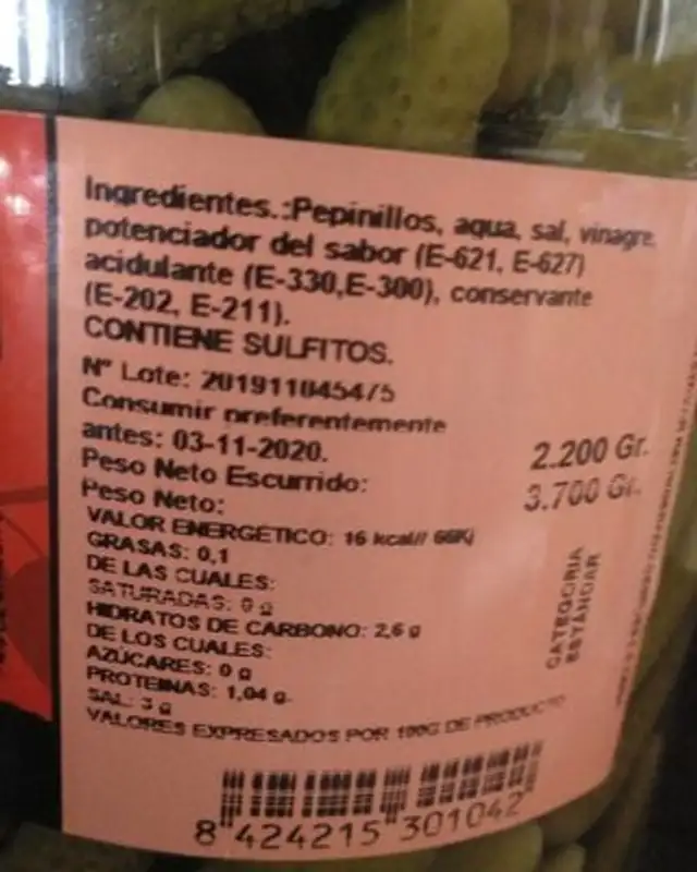 Pepinillos nutrition facts table