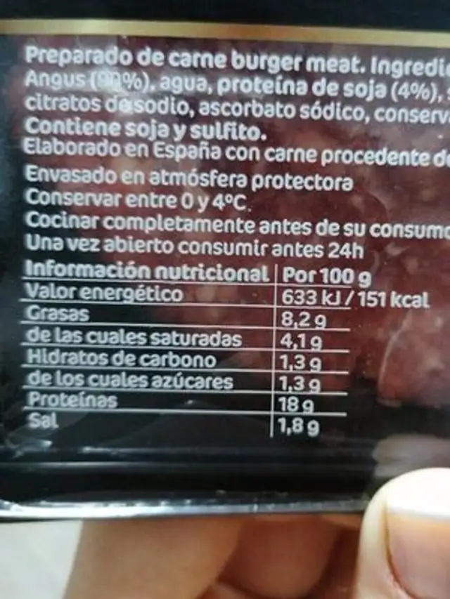 Burger meet de vacuno angus nutrition facts table