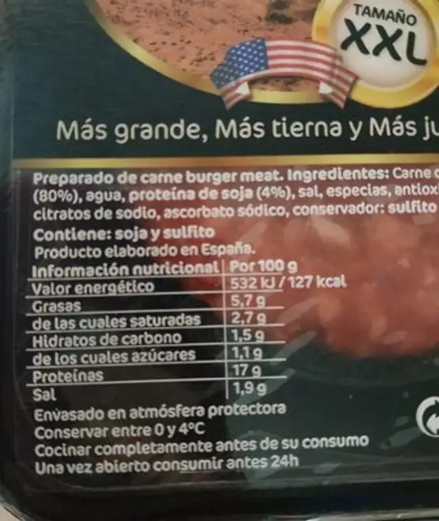 burguer americana XXL nutrition facts table