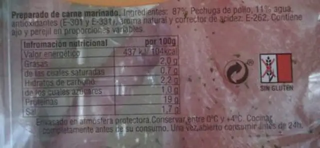 Filetes extrafinos de pollo marinados al ajillo sin gluten nutrition facts table