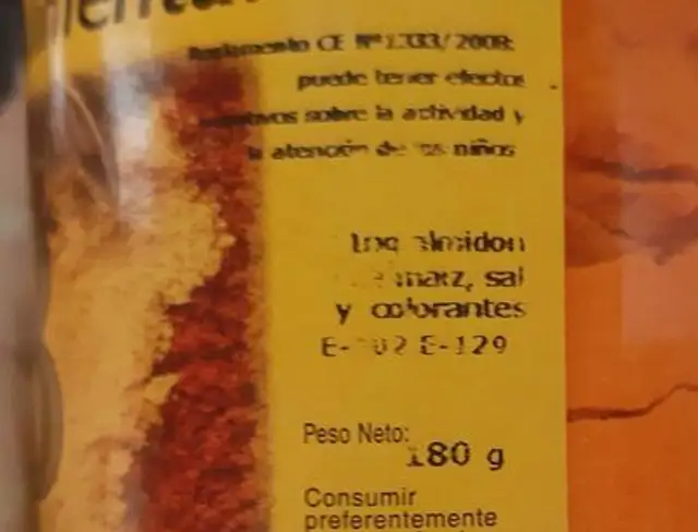 Colorante alimenticio nutrition facts table