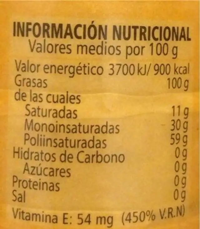 Aceite refinado de Girasol nutrition facts table