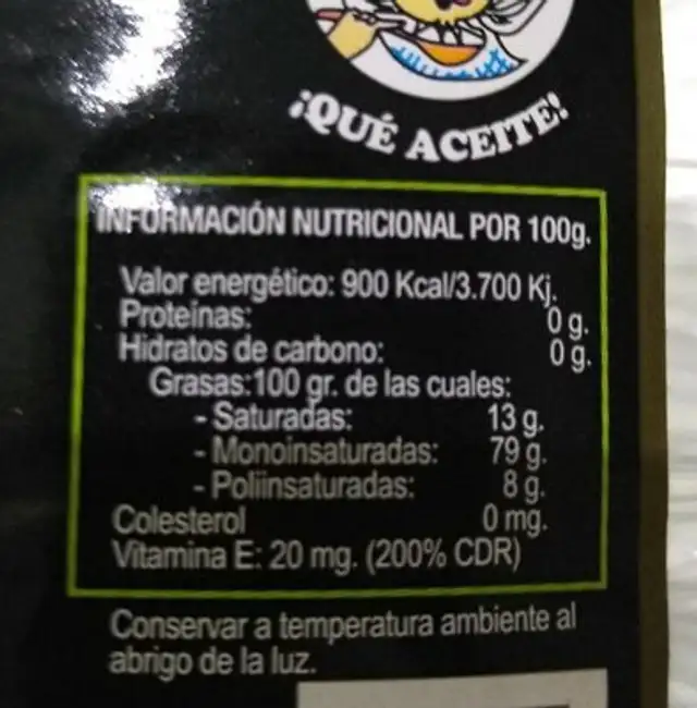 Aceite de oliva virgen extra nutrition facts table