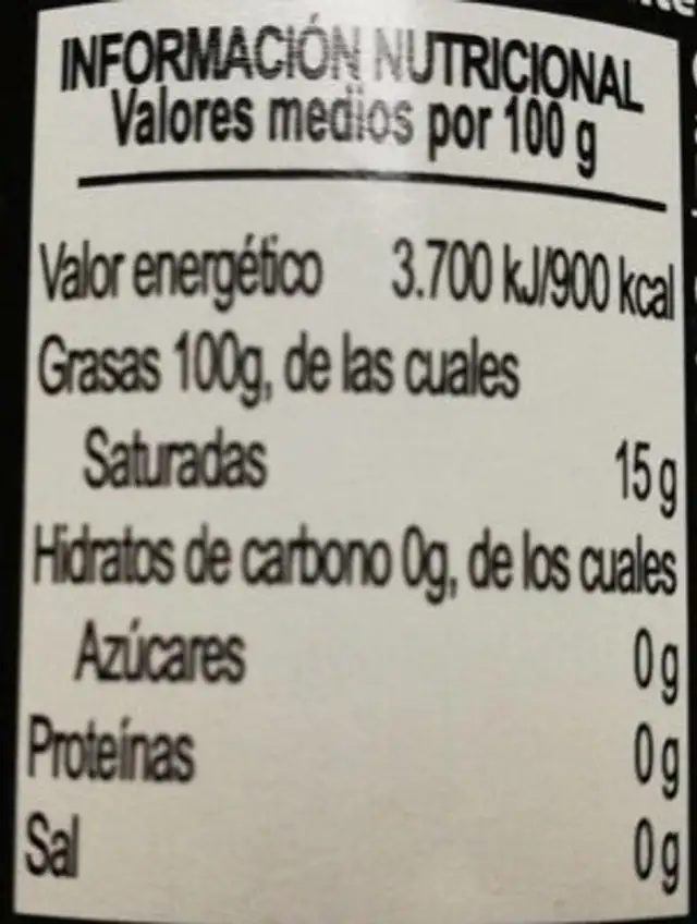 Aceite de Oliva Virgen Extra nutrition facts table