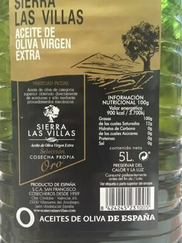 Aceite de oliva Virgen Extra ingredients label