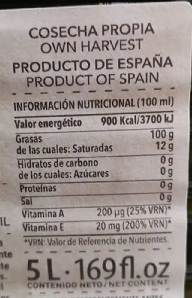 Aceite de oliva Virgen Extra nutrition facts table