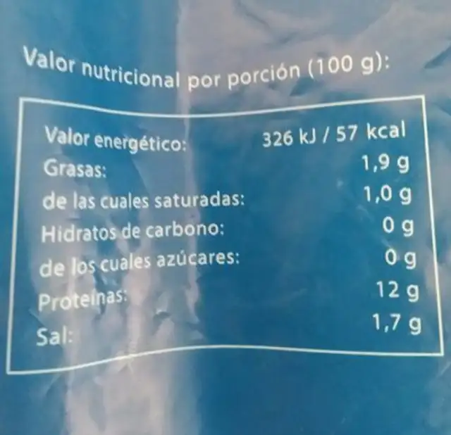 Cola de gamba nutrition facts table