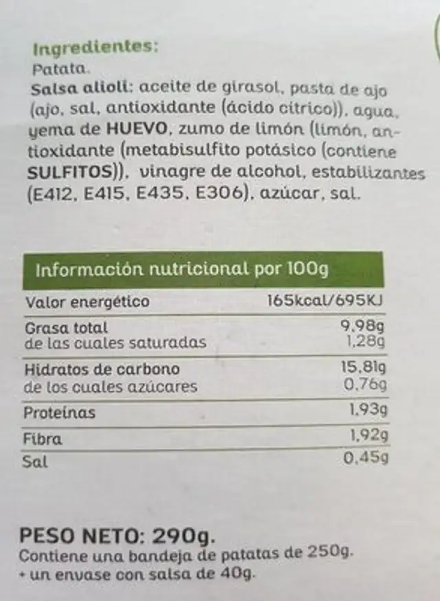 Patatas para microondas nutrition facts table