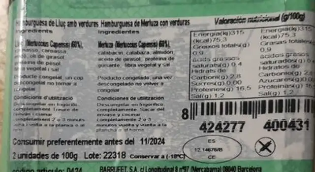 Hamburguesa merluza y verdura nutrition facts table