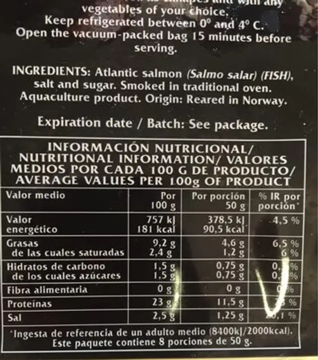 Centro de salmón ahumado nutrition facts table